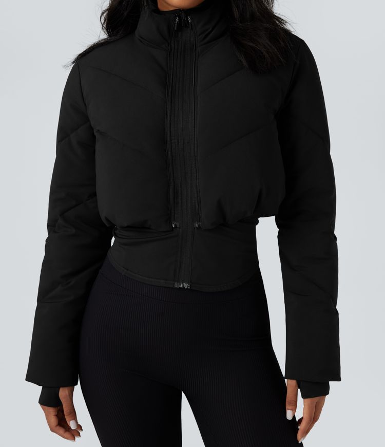 3-in-1 Stand Collar Casual Cropped Puffer Coat & Thumb Holes Curved Hem Jacket with Pocket