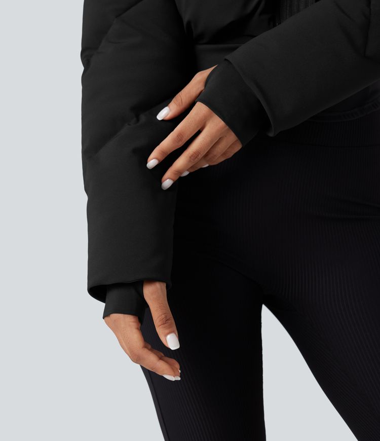 3-in-1 Stand Collar Casual Cropped Puffer Coat & Thumb Holes Curved Hem Jacket with Pocket