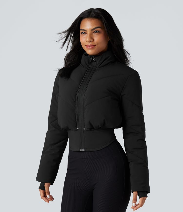 3-in-1 Stand Collar Casual Cropped Puffer Coat & Thumb Holes Curved Hem Jacket with Pocket