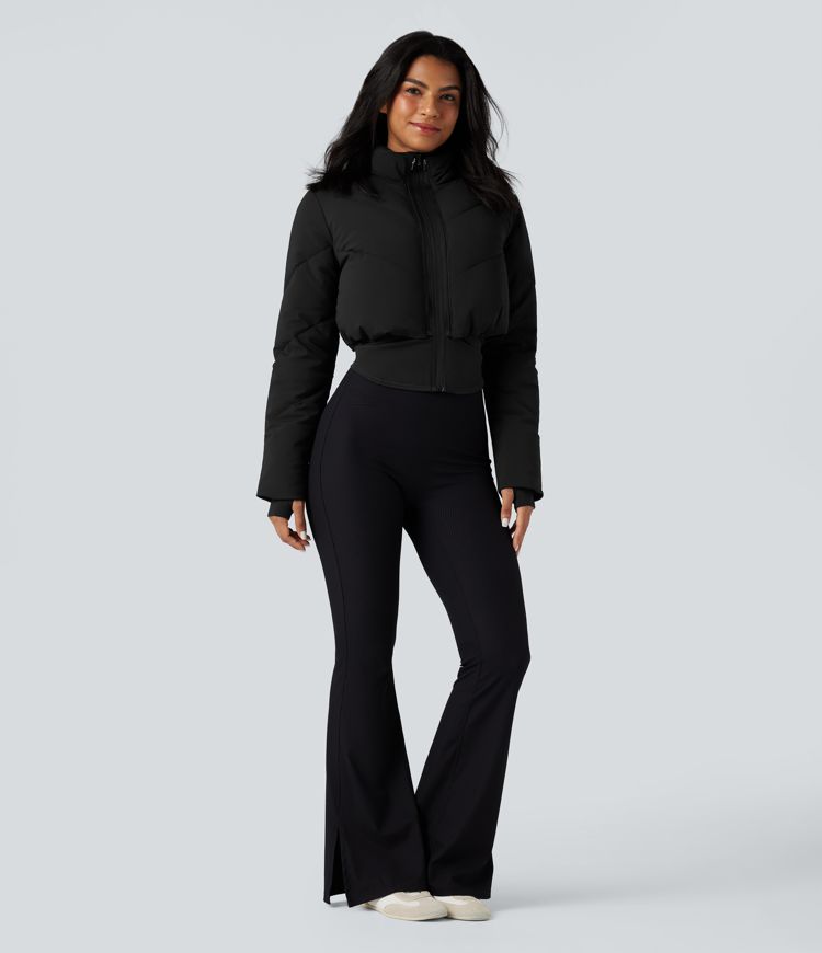 3-in-1 Stand Collar Casual Cropped Puffer Coat & Thumb Holes Curved Hem Jacket with Pocket