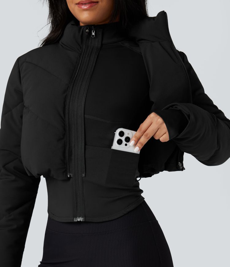 3-in-1 Stand Collar Casual Cropped Puffer Coat & Thumb Holes Curved Hem Jacket with Pocket