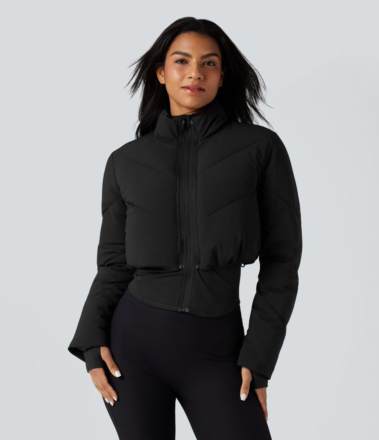 3-in-1 Stand Collar Casual Cropped Puffer Coat & Thumb Holes Curved Hem Jacket with Pocket