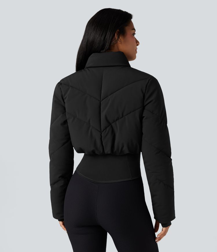 3-in-1 Stand Collar Casual Cropped Puffer Coat & Thumb Holes Curved Hem Jacket with Pocket