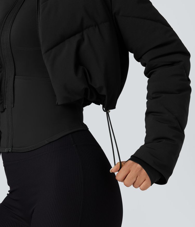 3-in-1 Stand Collar Casual Cropped Puffer Coat & Thumb Holes Curved Hem Jacket with Pocket