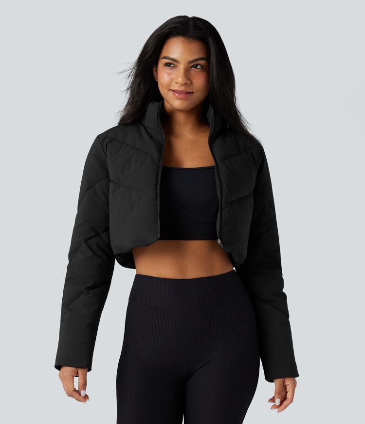 3-in-1 Stand Collar Casual Cropped Puffer Coat & Thumb Holes Curved Hem Jacket with Pocket