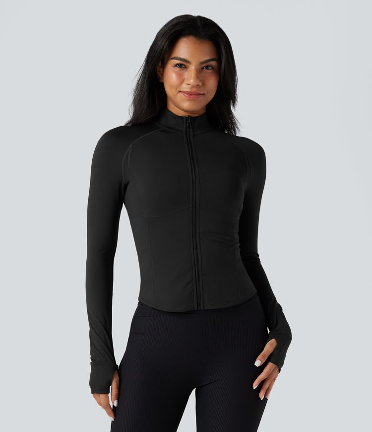 3-in-1 Stand Collar Casual Cropped Puffer Coat & Thumb Holes Curved Hem Jacket with Pocket