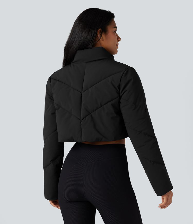 3-in-1 Stand Collar Casual Cropped Puffer Coat & Thumb Holes Curved Hem Jacket with Pocket