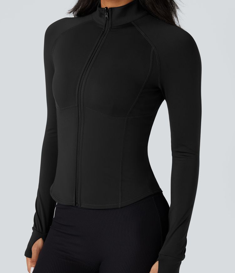 3-in-1 Stand Collar Casual Cropped Puffer Coat & Thumb Holes Curved Hem Jacket with Pocket