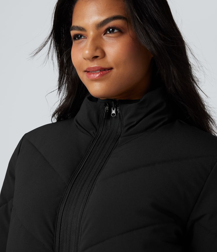 3-in-1 Stand Collar Casual Cropped Puffer Coat & Thumb Holes Curved Hem Jacket with Pocket