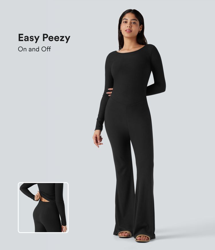 High Stretch Ribbed Knit Boat Neck Long Sleeve Casual Flare Jumpsuit-Easy Peezy