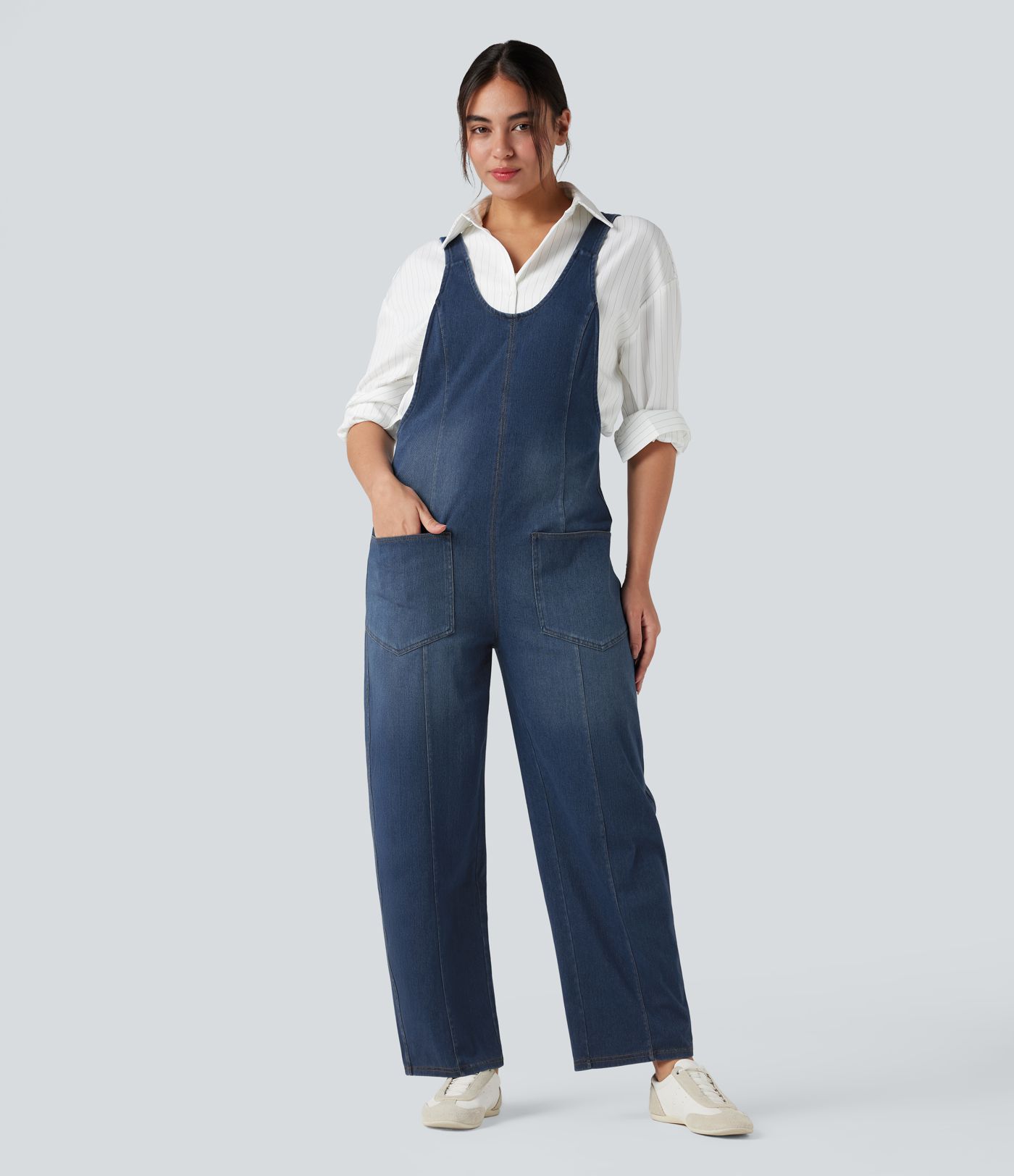 Halara Flex™ V Neck Adjustable Straps Washed Denim Casual Overalls with Pockets