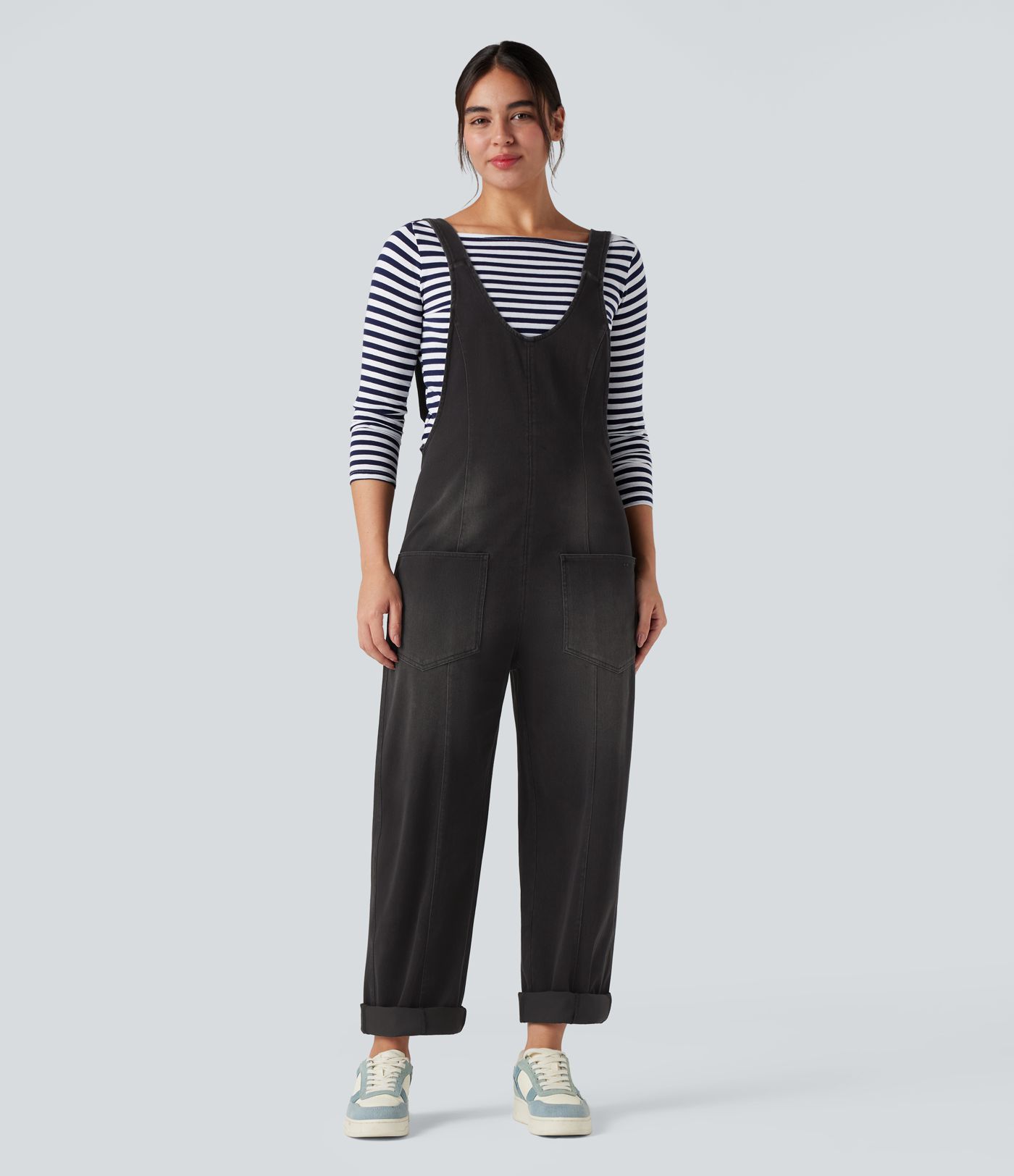 Halara Flex™ V Neck Adjustable Straps Washed Denim Casual Overalls with Pockets