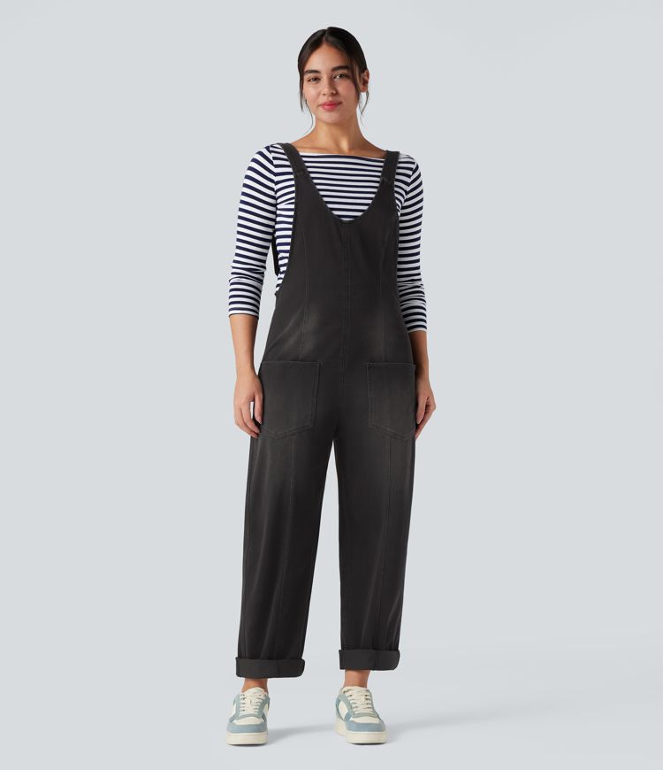 Halara Flex™ V Neck Adjustable Straps Washed Denim Casual Overalls with Pockets