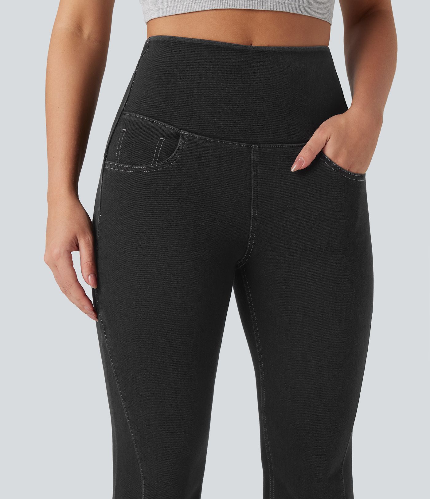 Halara Flex™ High Waisted Crossover Back Split Denim Casual Flare Leggings with Pockets
