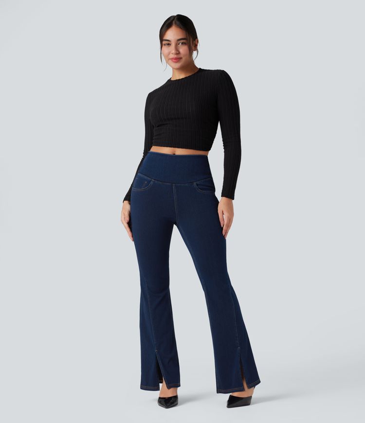 Halara Flex™ High Waisted Crossover Back Split Denim Casual Flare Leggings with Pockets