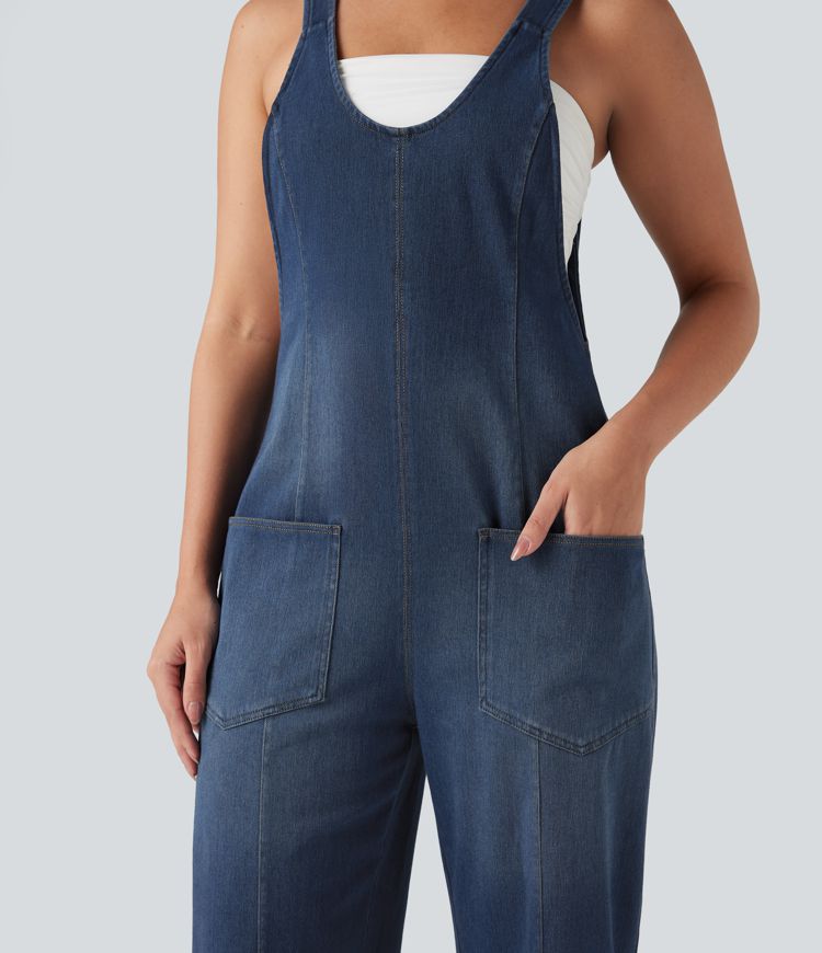 Halara Flex™ V Neck Adjustable Straps Washed Denim Casual Overalls with Pockets