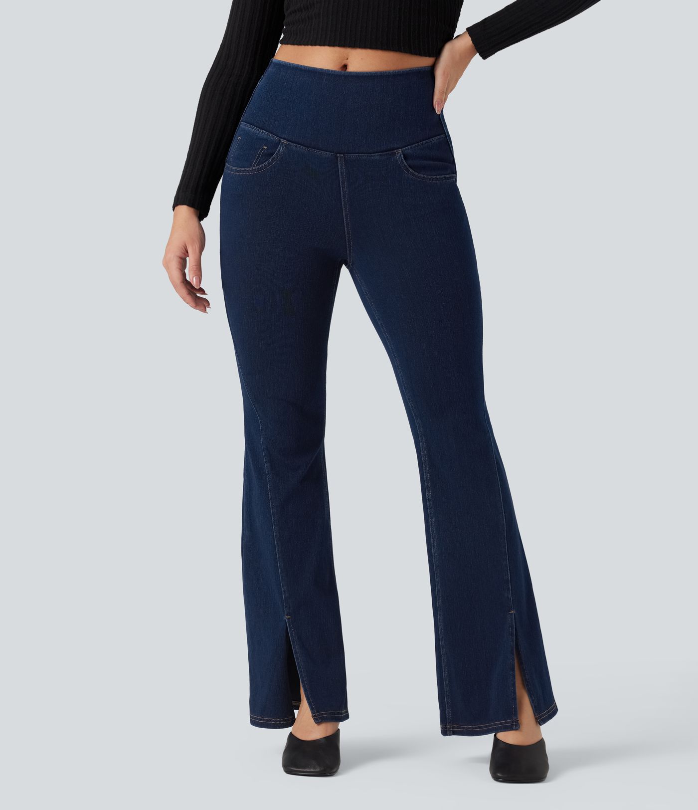 Halara Flex™ High Waisted Crossover Back Split Denim Casual Flared Leggings with Pockets