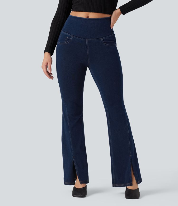 Halara Flex™ High Waisted Crossover Back Split Denim Casual Flare Leggings with Pockets