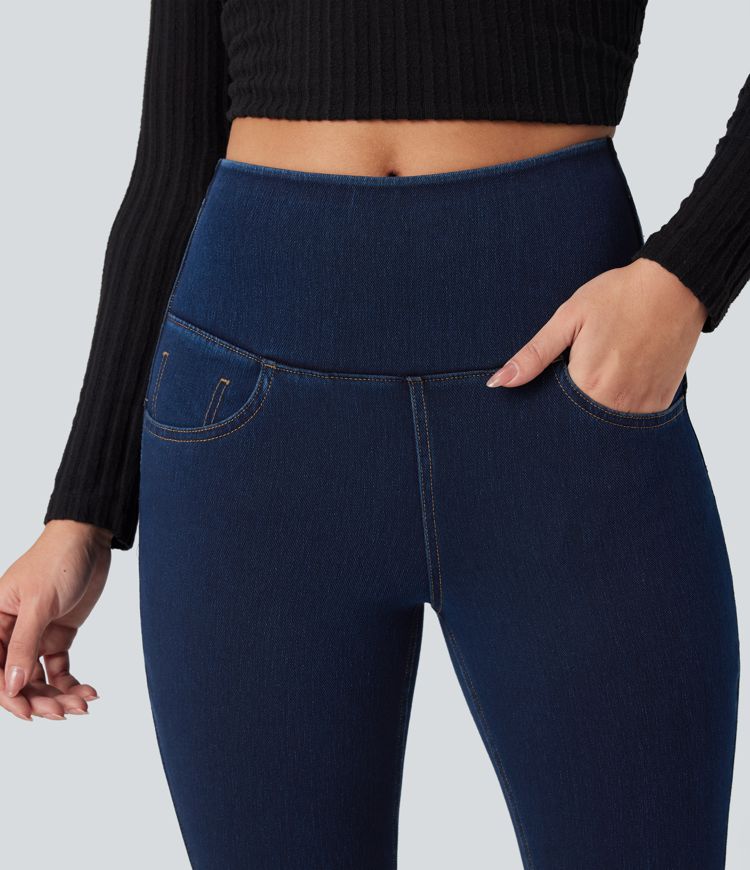 Halara Flex™ High Waisted Crossover Back Split Denim Casual Flare Leggings with Pockets