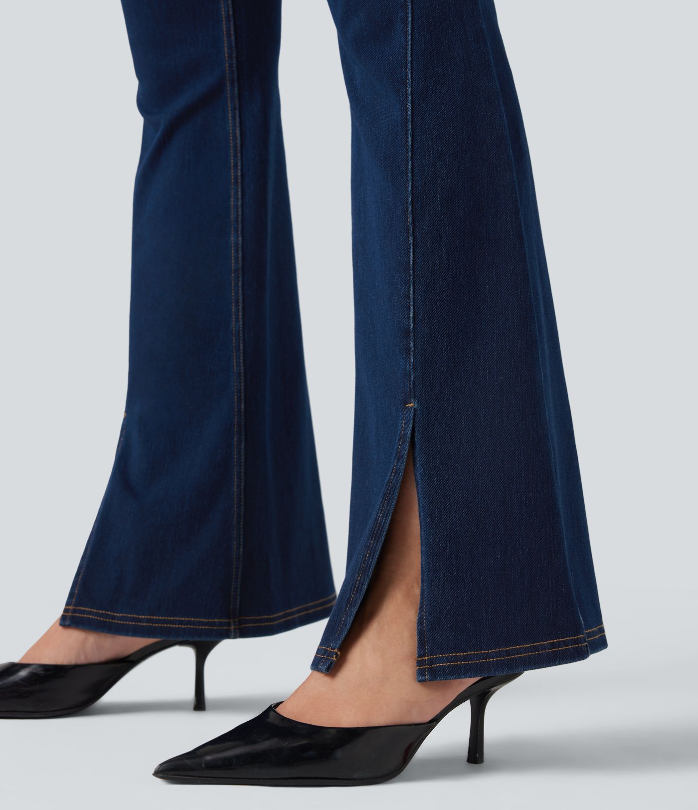 Halara Flex™ High Waisted Crossover Back Split Denim Casual Flared Leggings with Pockets