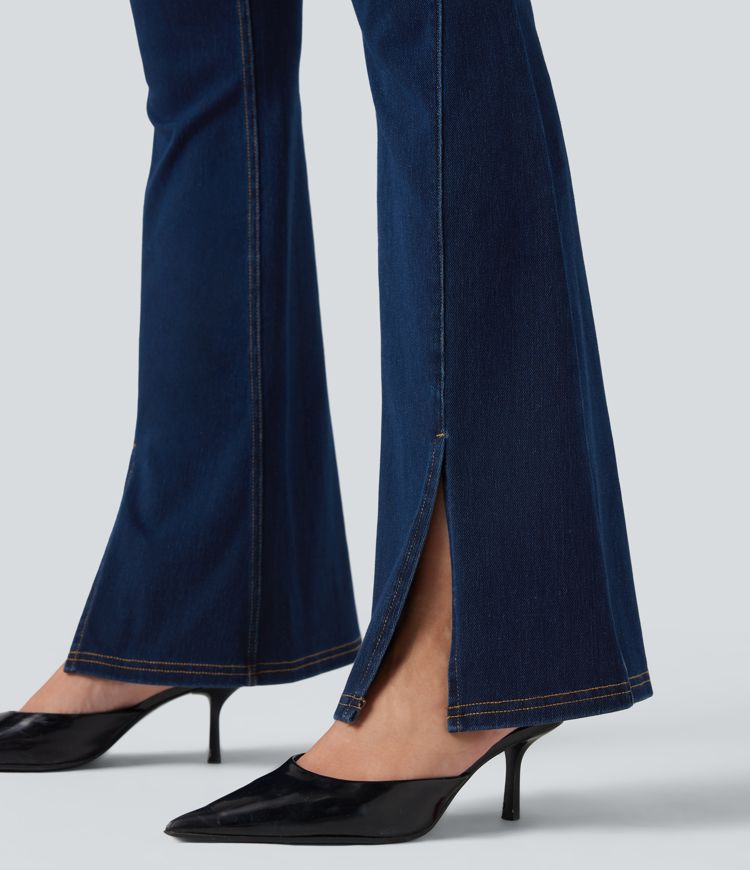 Halara Flex™ High Waisted Crossover Back Split Denim Casual Flare Leggings with Pockets