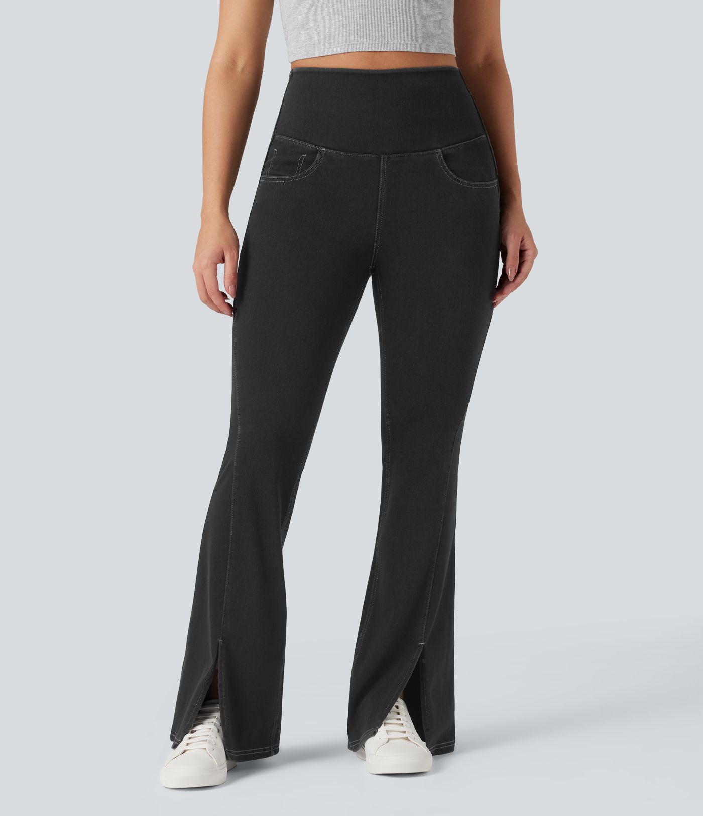 Halara Flex™ High Waisted Crossover Back Split Denim Casual Flare Leggings with Pockets