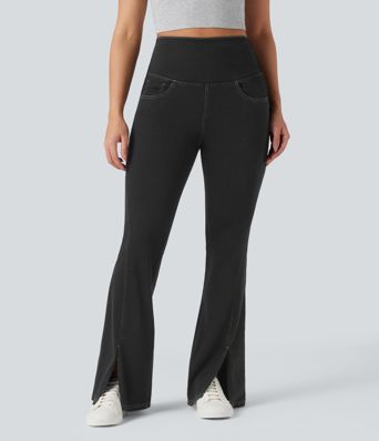 Halara Flex™ High Waisted Crossover Back Split Denim Casual Flare Leggings with Pockets