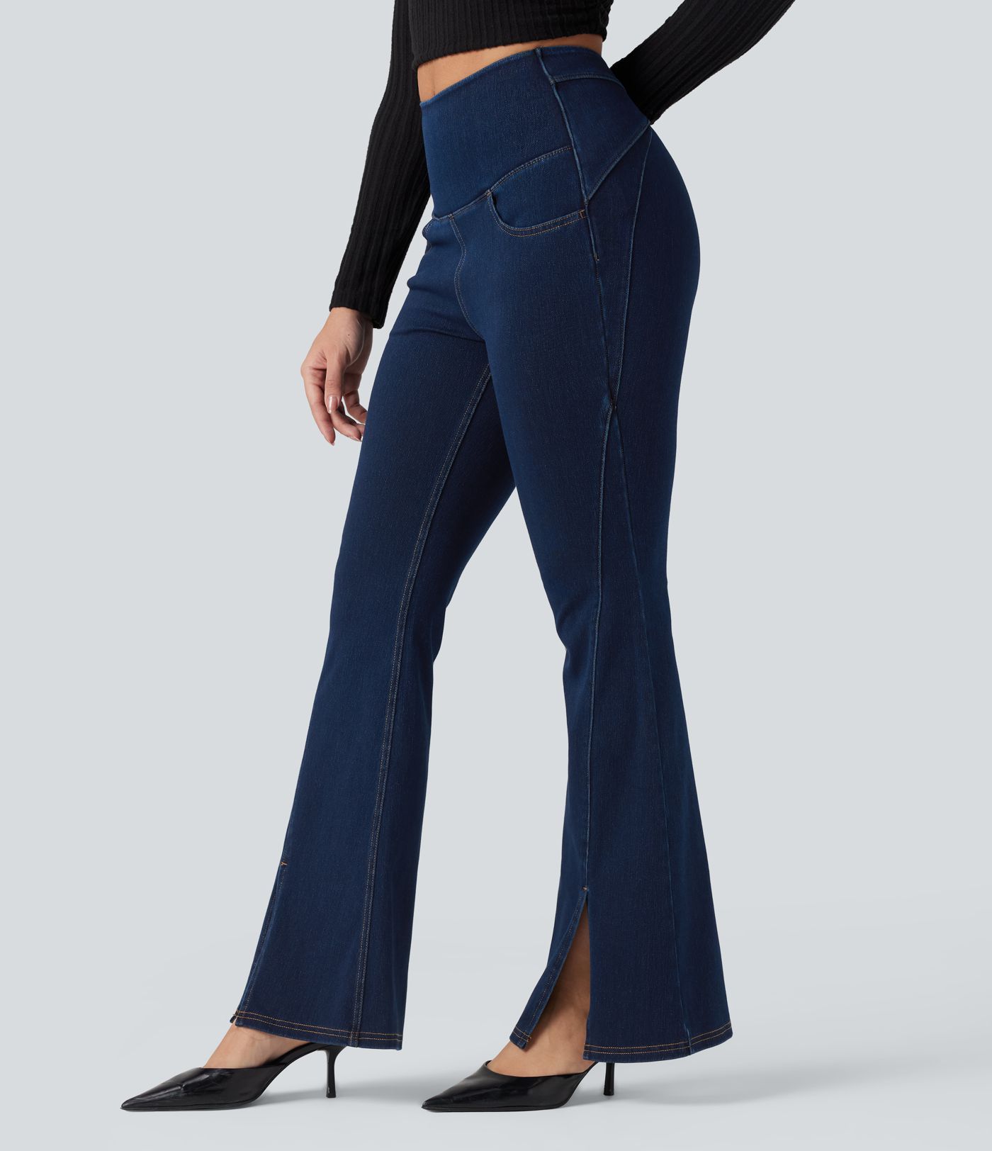 Halara Flex™ High Waisted Crossover Back Split Denim Casual Flared Leggings with Pockets