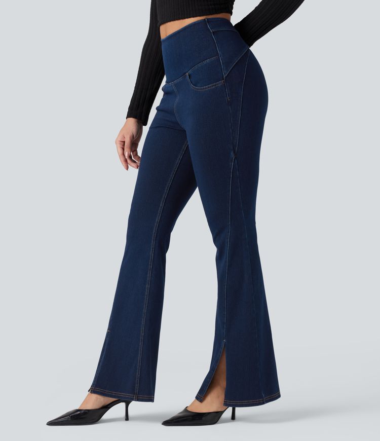 Halara Flex™ High Waisted Crossover Back Split Denim Casual Flare Leggings with Pockets
