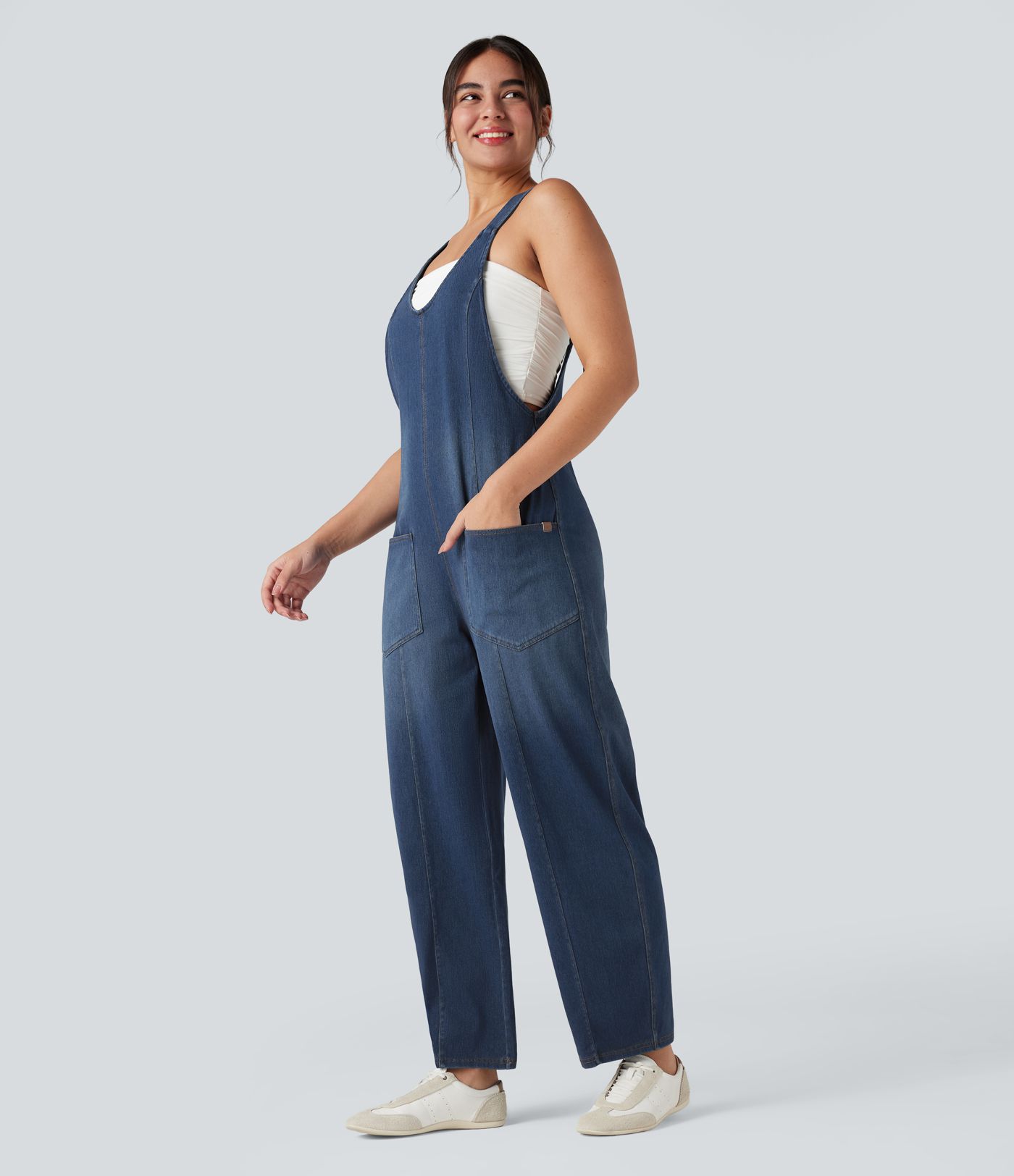 Halara Flex™ V Neck Adjustable Straps Washed Denim Casual Overalls with Pockets