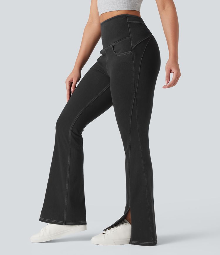 Halara Flex™ High Waisted Crossover Back Split Denim Casual Flare Leggings with Pockets