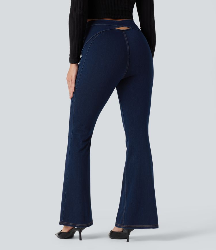 Halara Flex™ High Waisted Crossover Back Split Denim Casual Flare Leggings with Pockets