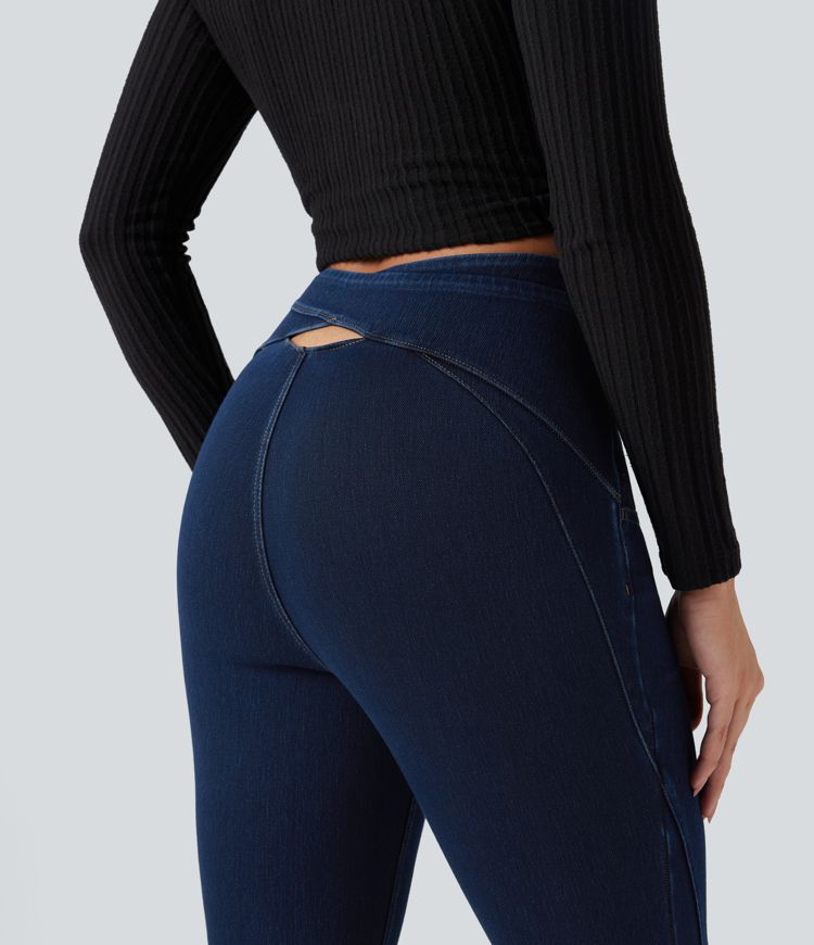 Halara Flex™ High Waisted Crossover Back Split Denim Casual Flare Leggings with Pockets