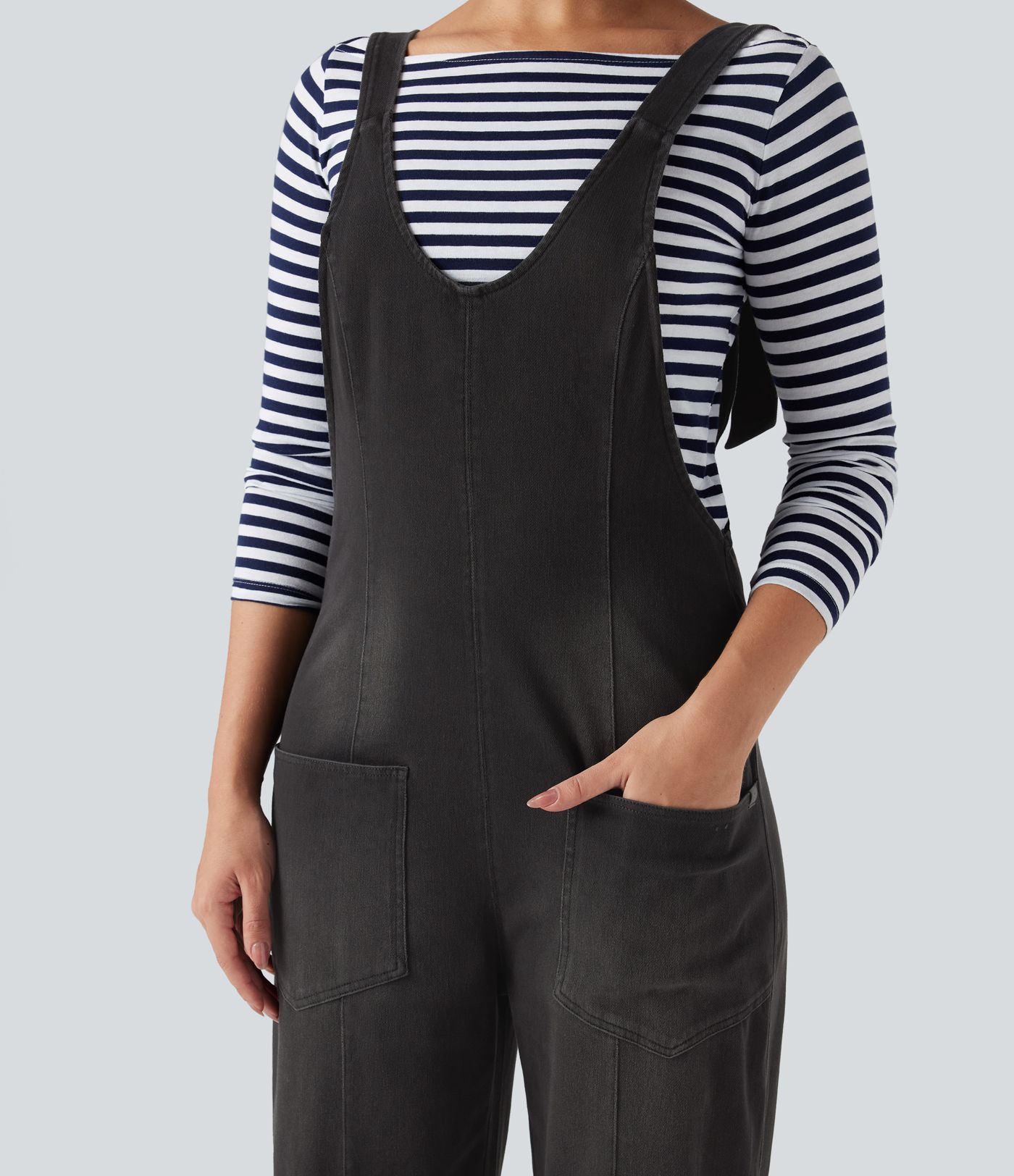 Halara Flex™ V Neck Adjustable Straps Washed Denim Casual Overalls with Pockets