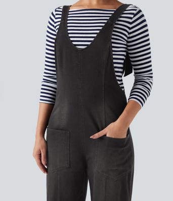 Halara Flex™ V Neck Adjustable Straps Washed Denim Casual Overalls with Pockets