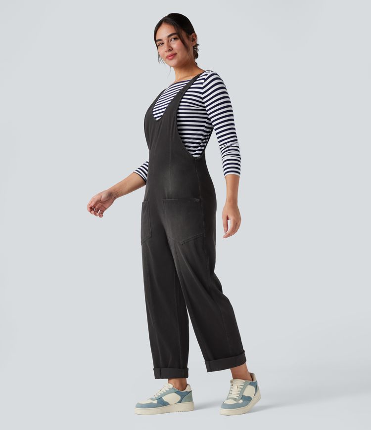 Halara Flex™ V Neck Adjustable Straps Washed Denim Casual Overalls with Pockets