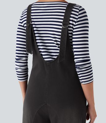 Halara Flex™ V Neck Adjustable Straps Washed Denim Casual Overalls with Pockets