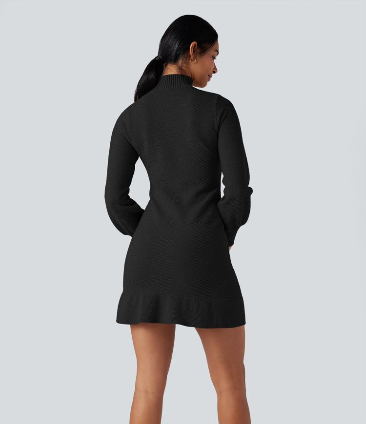 Mock-neck Long Sleeve Ruffle Hem Mini Work Sweater Dress