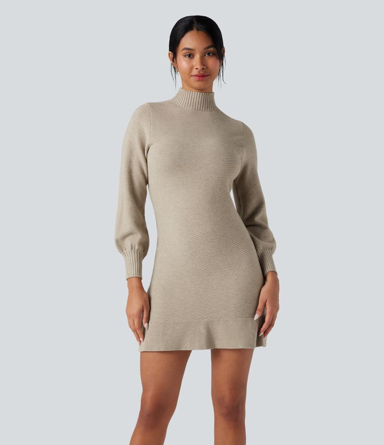 Mock-neck Long Sleeve Ruffle Hem Mini Work Sweater Dress