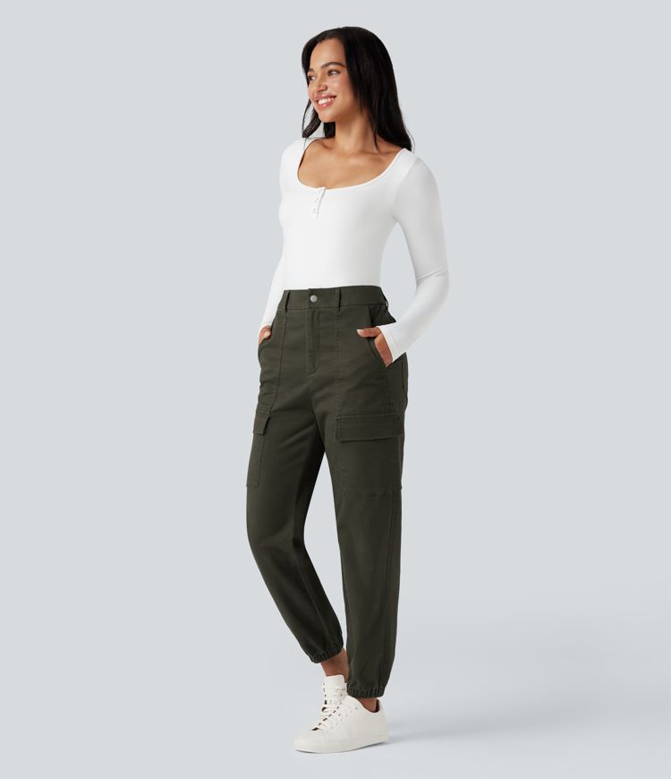 High-waisted Casual Chino Cotton Cargo Joggers with Pockets