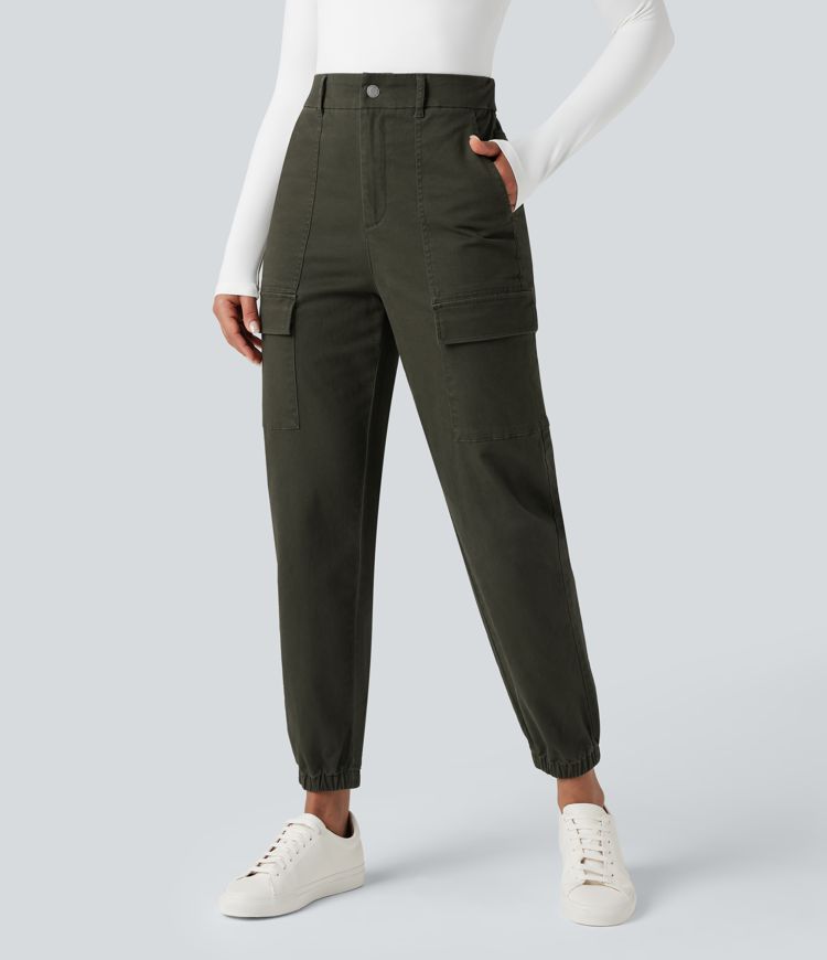 High-waisted Casual Chino Cotton Cargo Joggers with Pockets