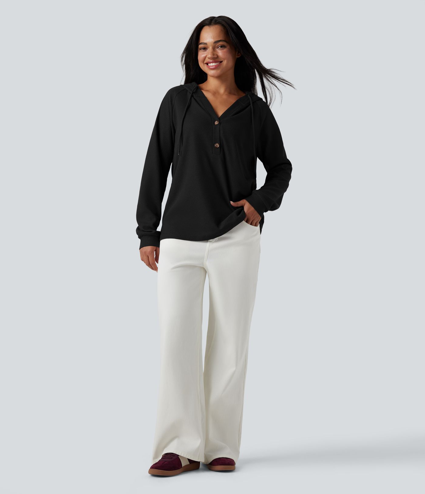 Hooded Henley Long Sleeve Waffle Casual Top