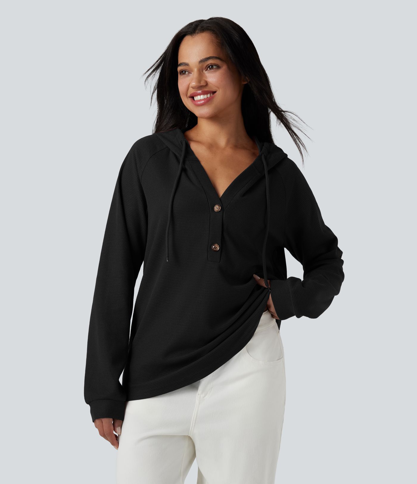 Hooded Henley Long Sleeve Waffle Casual Top
