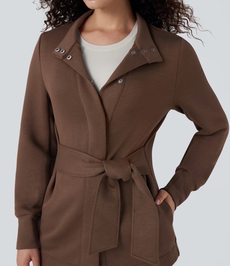 Manteau col montant manches longues à nœud avec poches