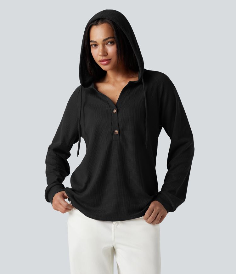 Hooded Henley Long Sleeve Waffle Casual Top