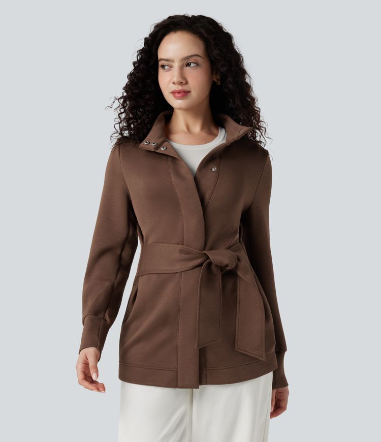 High-neck Long Sleeve Tie Work Coat with Pockets