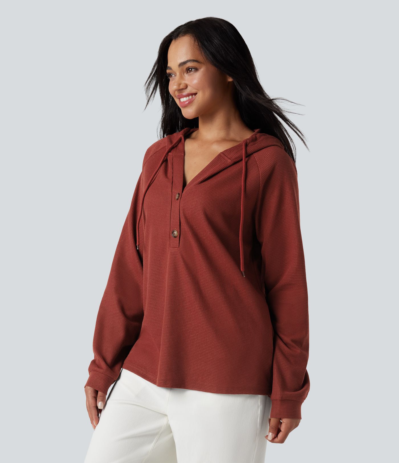 Hooded Henley Long Sleeve Waffle Casual Top