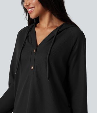 Hooded Henley Long Sleeve Waffle Casual Top