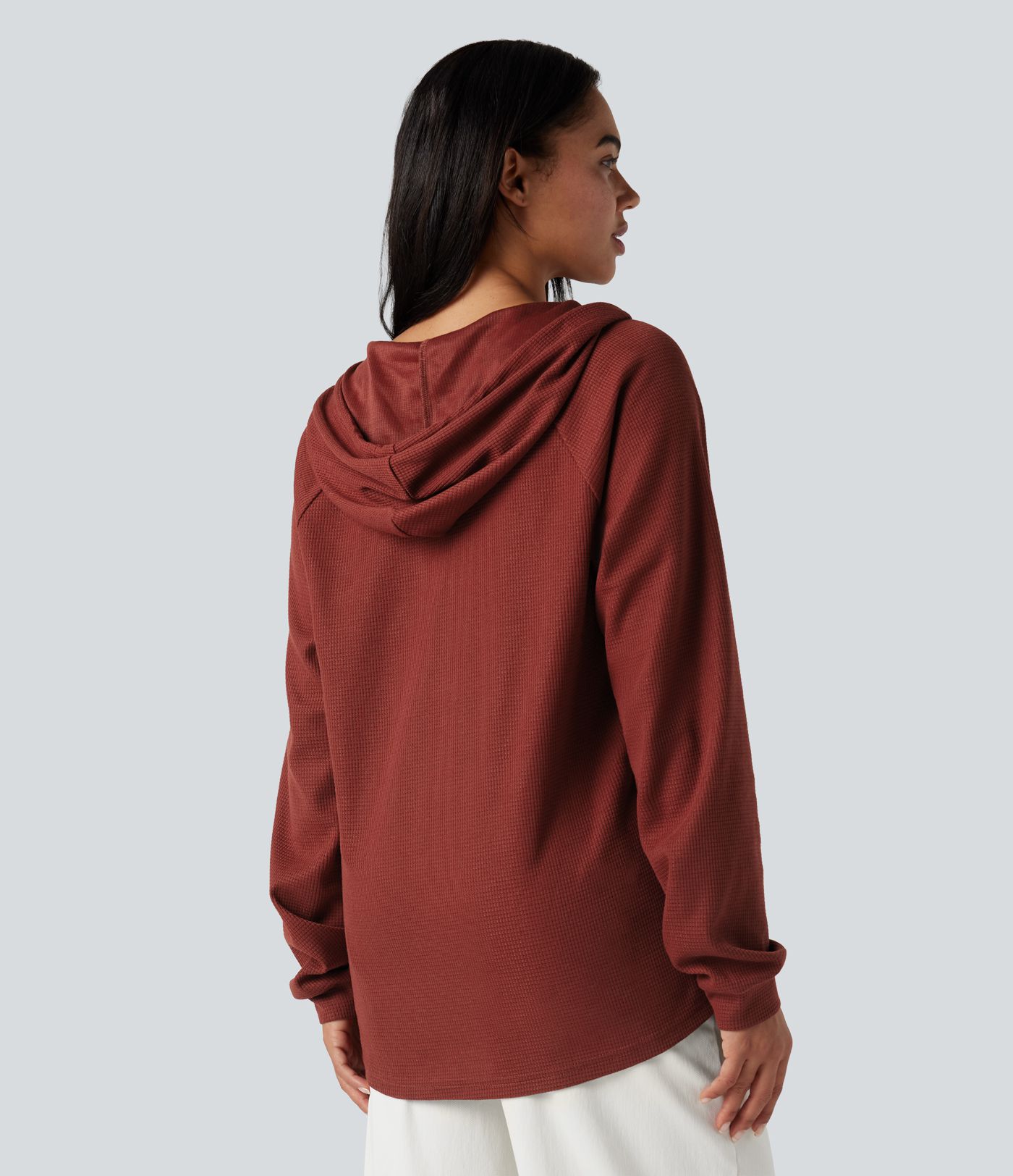 Hooded Henley Long Sleeve Waffle Casual Top