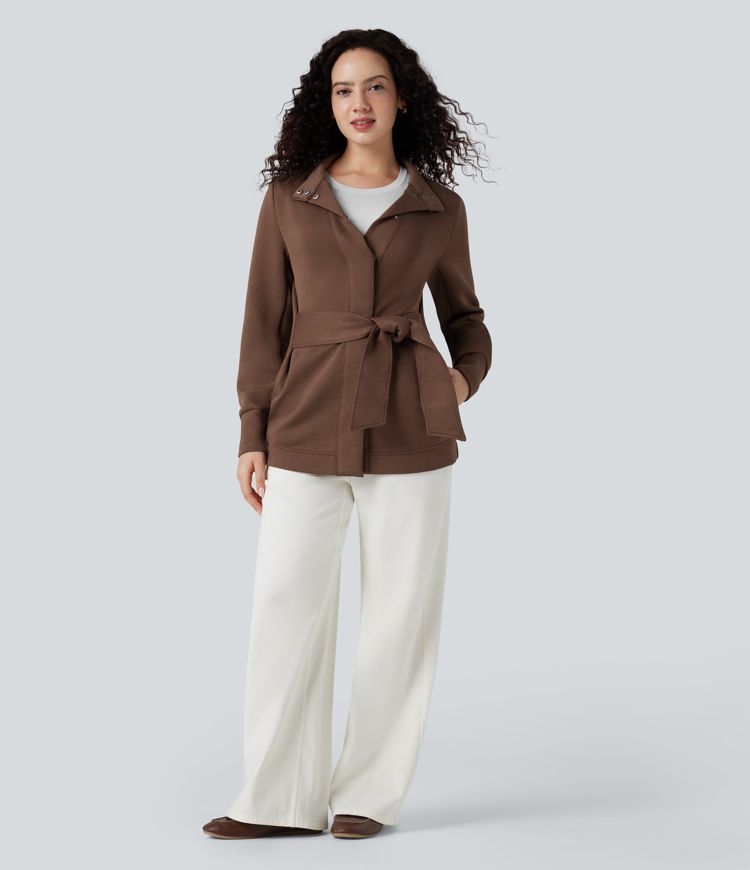 Manteau col montant manches longues à nœud avec poches